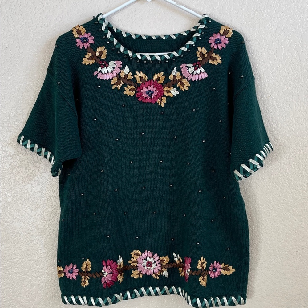 Floral Embroidered Green Sweater - Picture 1 of 8